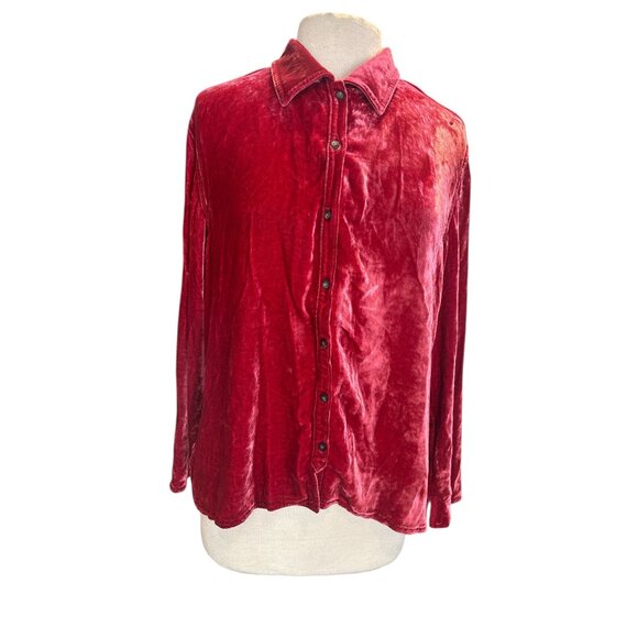 J. Jill Red Velvet Button-Up Shirt | Rayon Silk Blend | Holiday Luxe Boho Top | - Picture 2 of 10